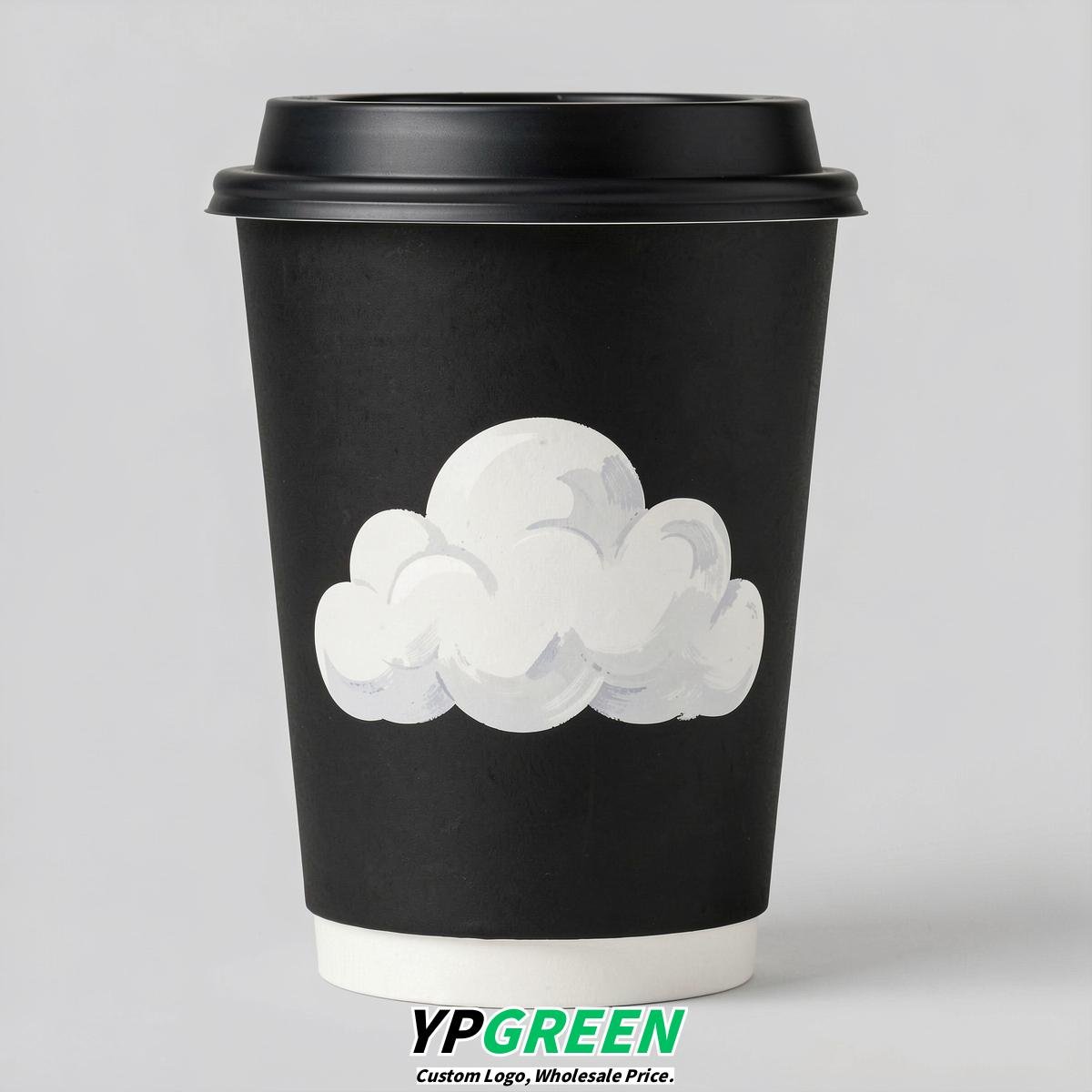 Jet Black Paper Cups with Clouds Logo & Lids 8-24oz