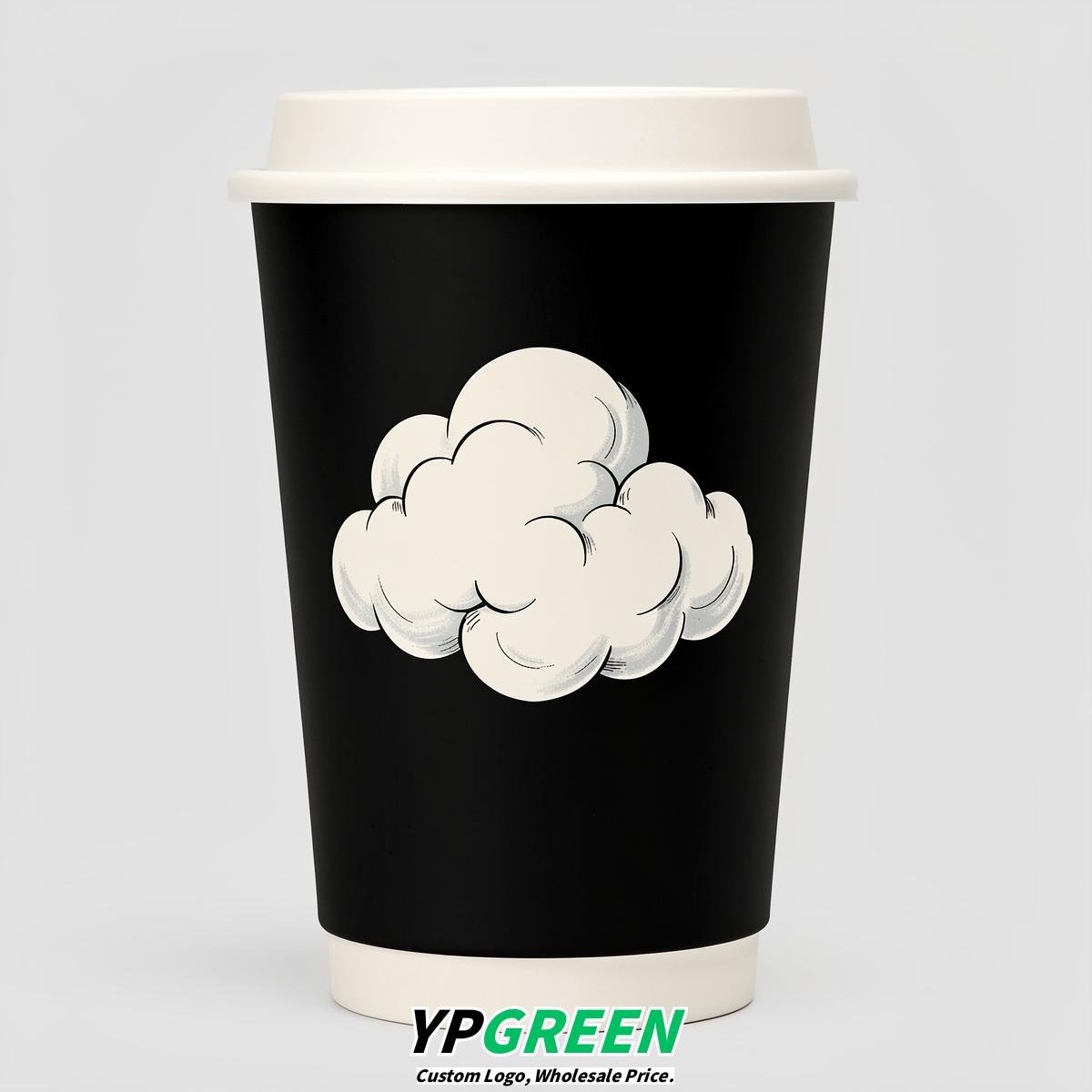 Jet Black Paper Cups with Clouds Logo & Lids 8-24oz