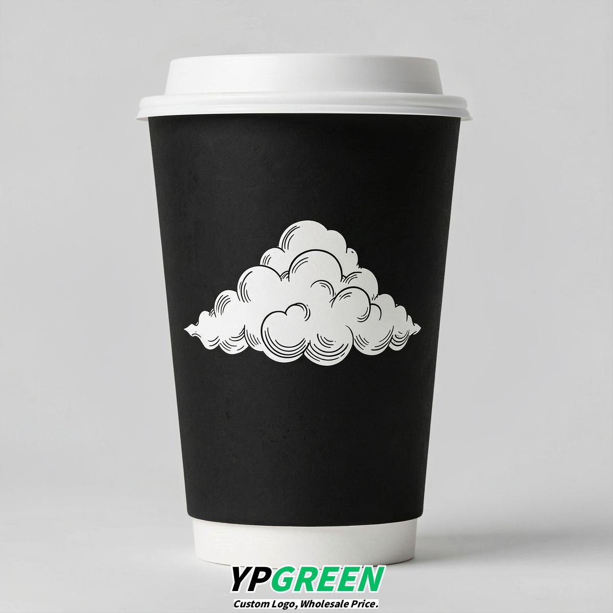 Jet Black Paper Cups with Clouds Logo & Lids 8-24oz