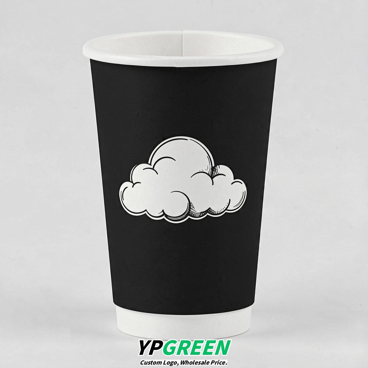 Jet Black Paper Cups with Clouds Logo & Lids 8-24oz Jet Black Paper Cups with Clouds Logo & Lids 8-24oz