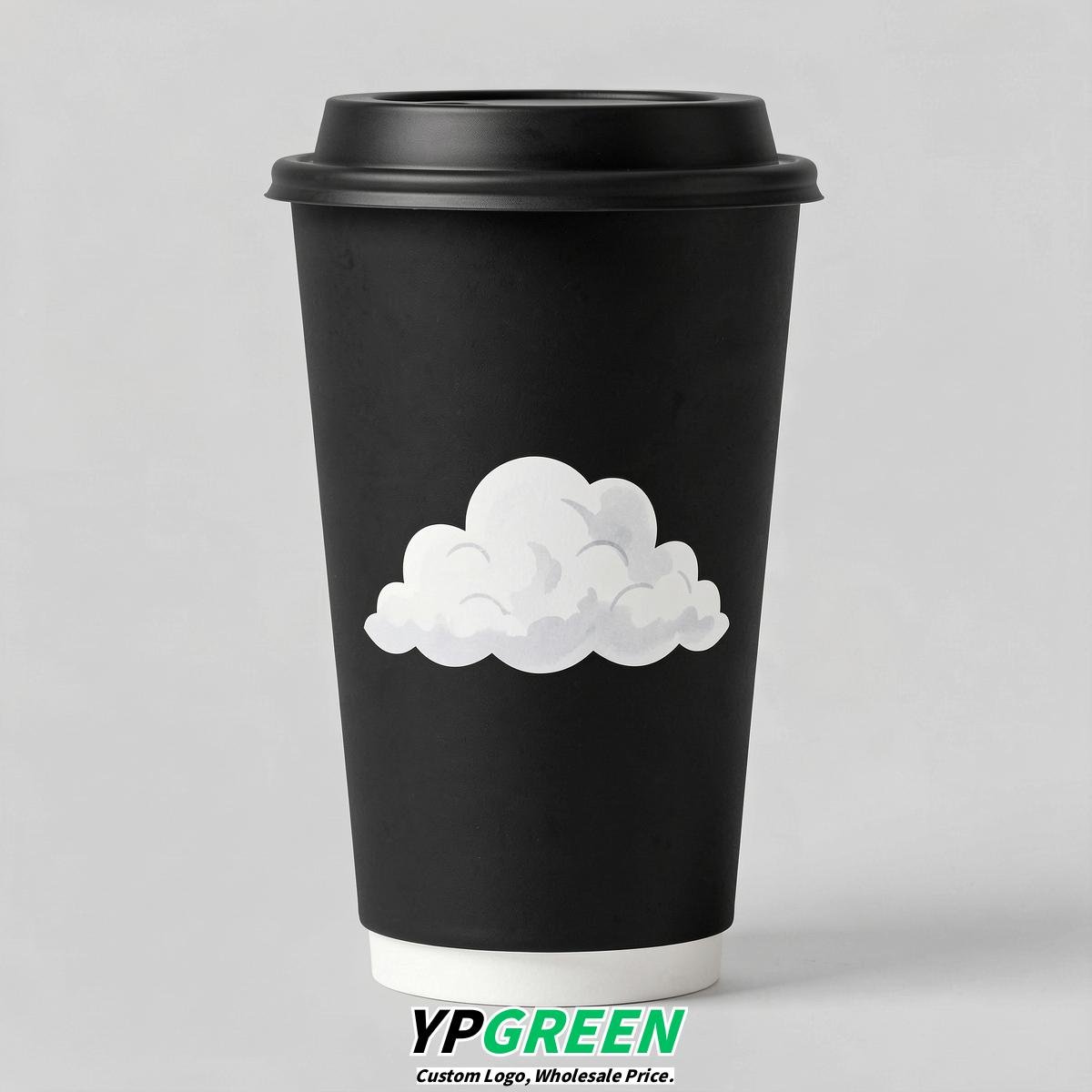 Jet Black Paper Cups with Clouds Logo & Lids 8-24oz