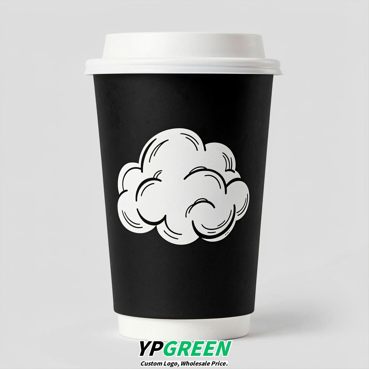 Jet Black Paper Cups with Clouds Logo & Lids 8-24oz