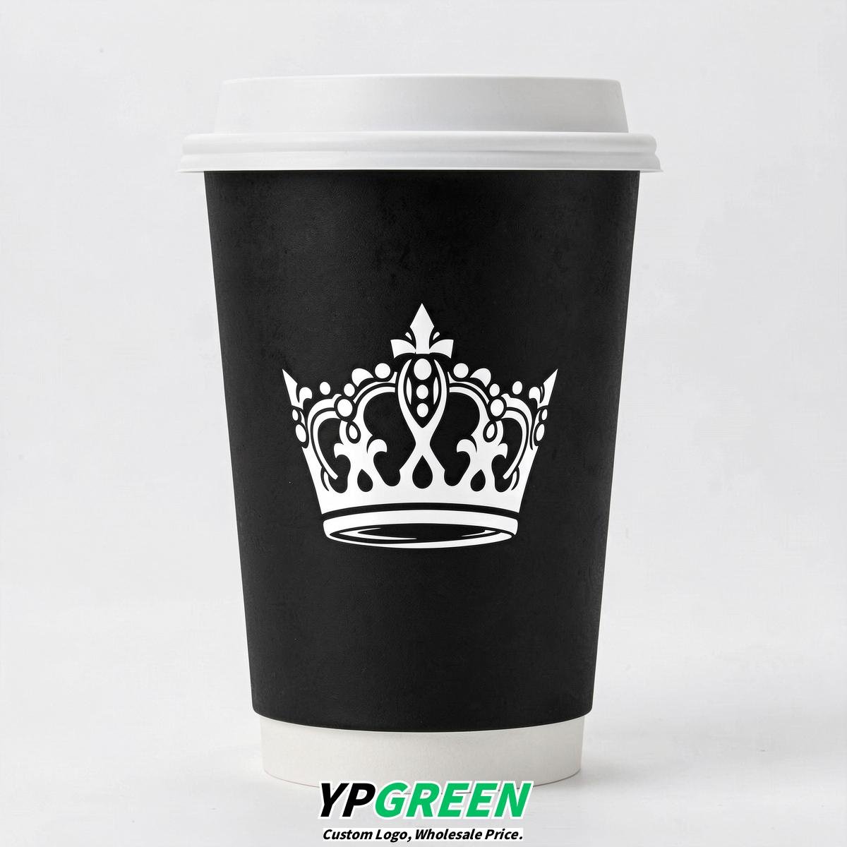 Jet Black Paper Cups with Crown Design 8-24oz