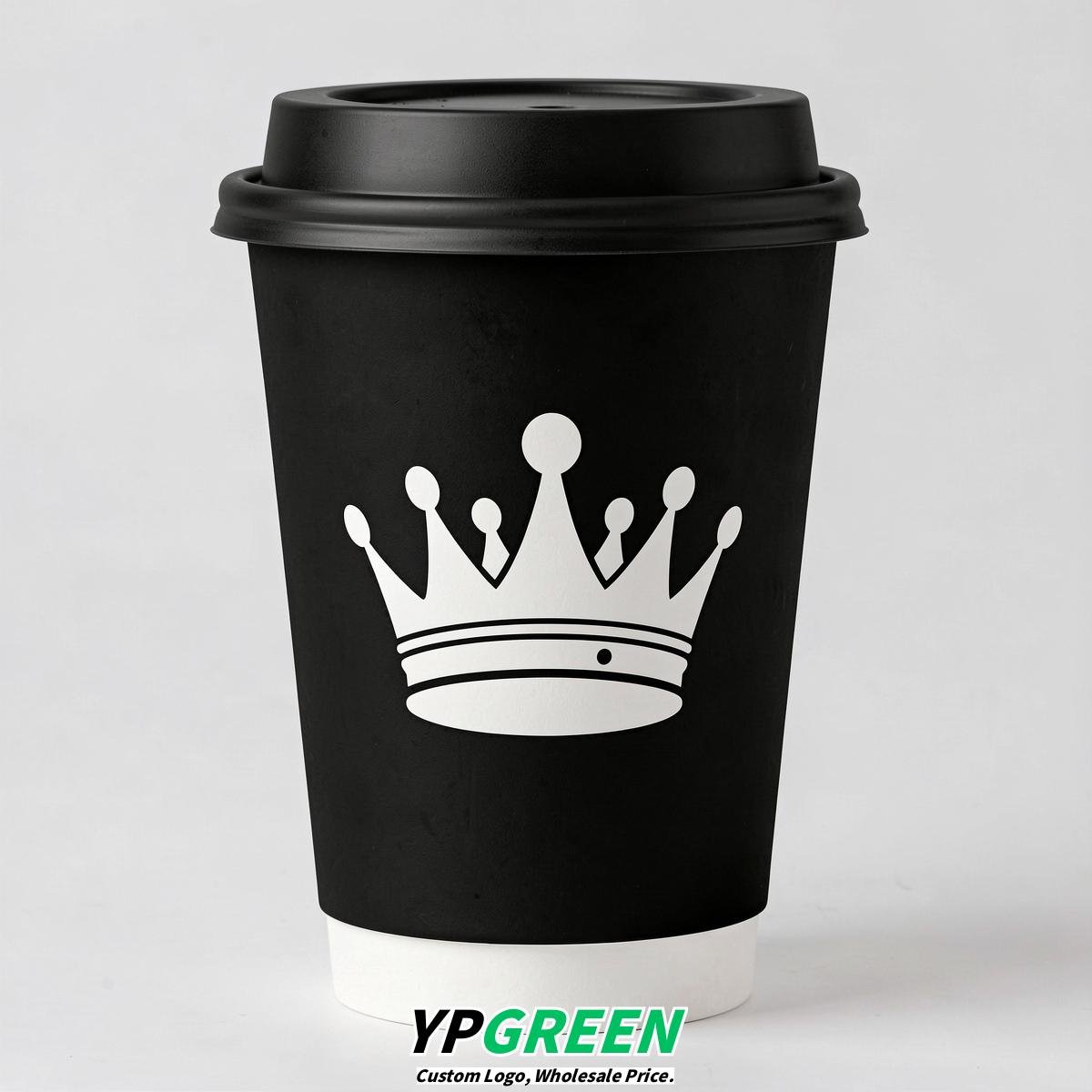 Jet Black Paper Cups with Crown Design 8-24oz