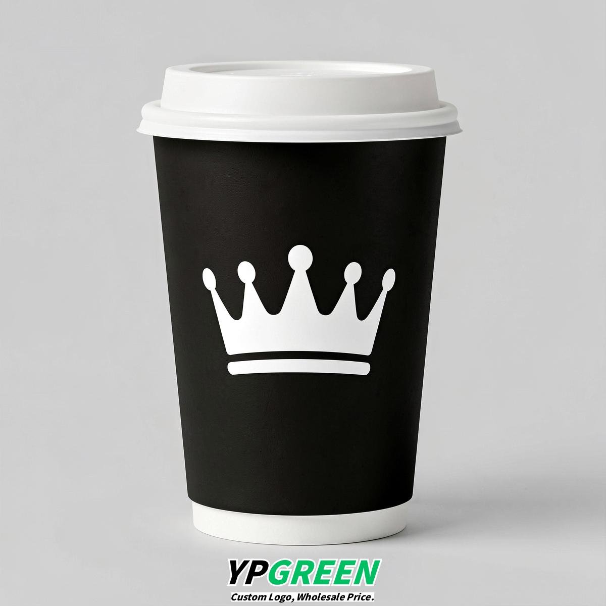 Jet Black Paper Cups with Crown Design 8-24oz