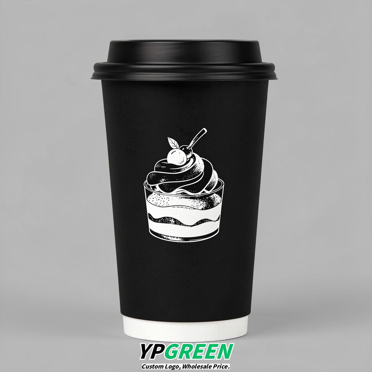 Jet Black Paper Cups with Desserts Design 8-24oz