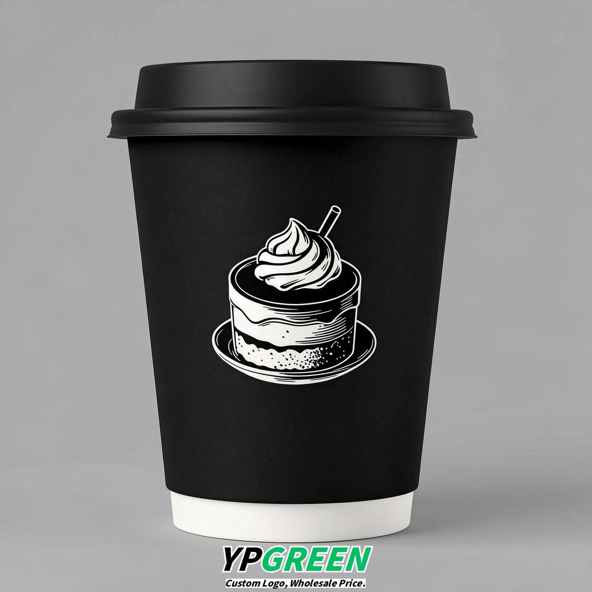 Jet Black Paper Cups with Desserts Design 8-24oz