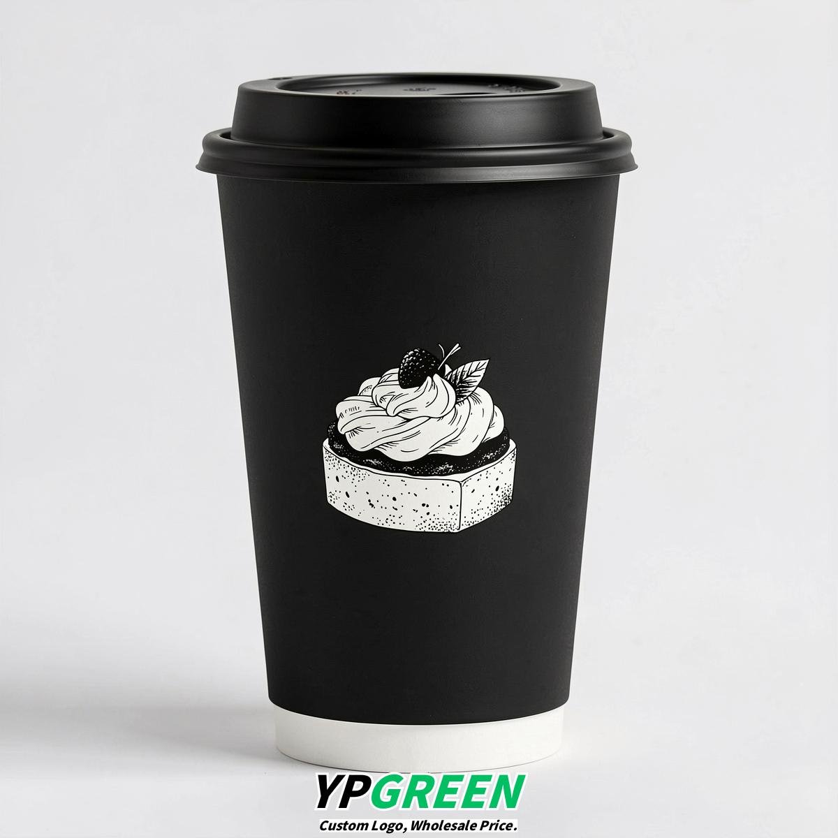 Jet Black Paper Cups with Desserts Design 8-24oz