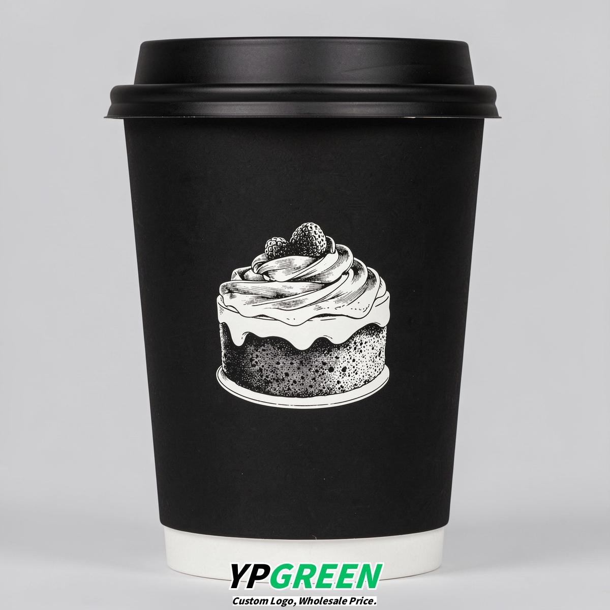 Jet Black Paper Cups with Desserts Design 8-24oz