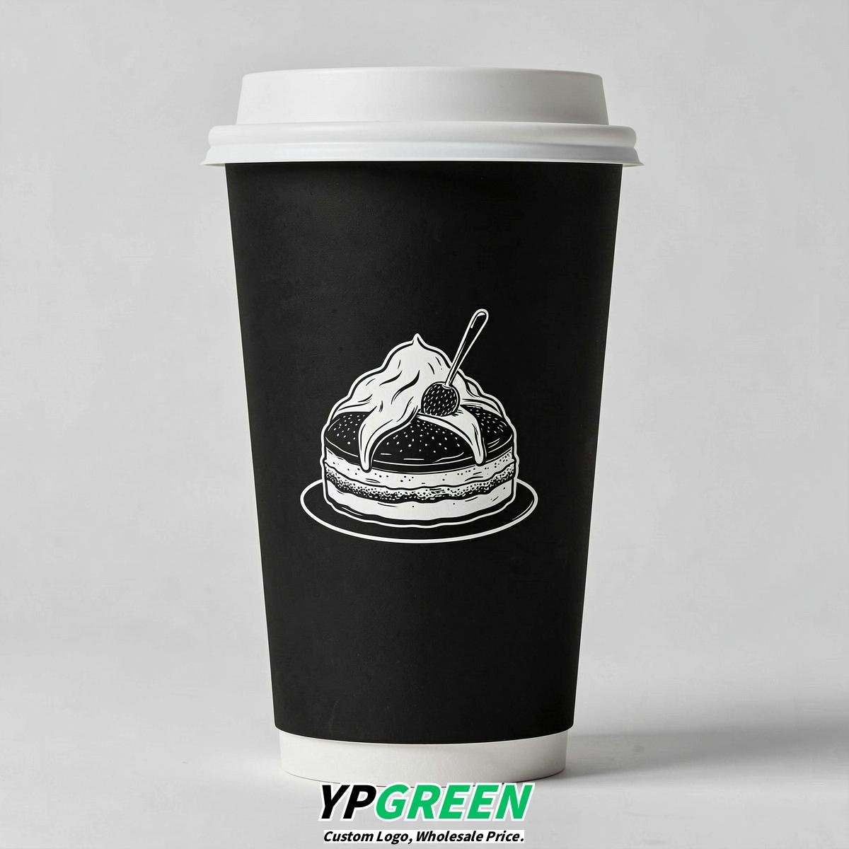 Jet Black Paper Cups with Desserts Design 8-24oz