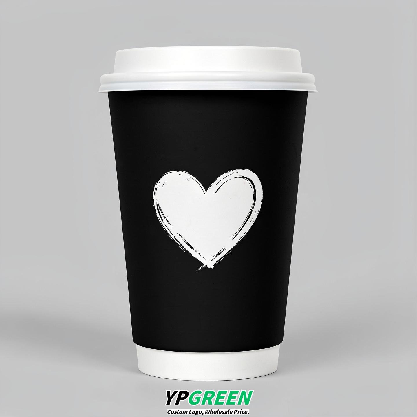Jet Black Heart Paper Cups with Lids 8-24oz
