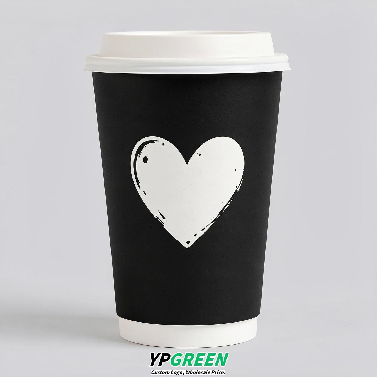 Jet Black Heart Paper Cups with Lids 8-24oz