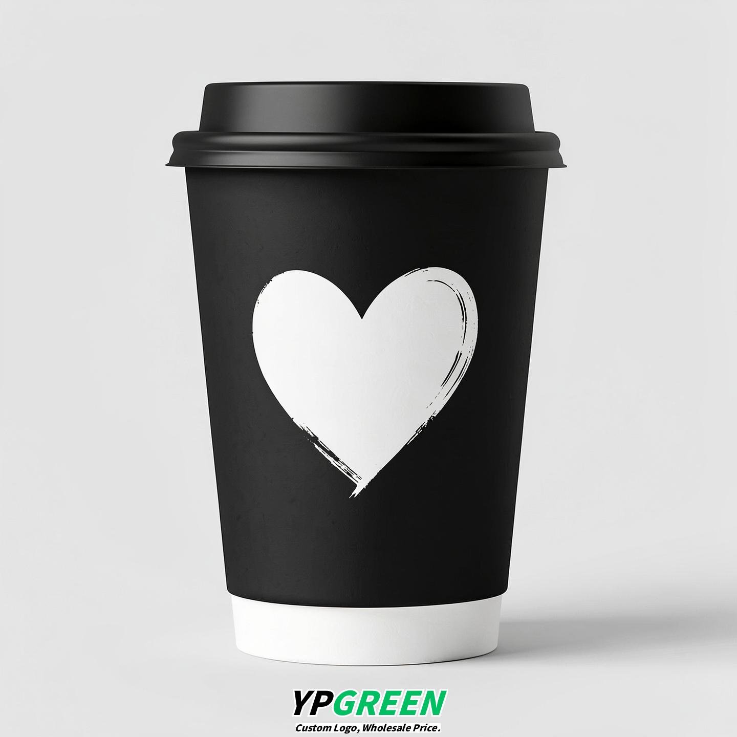 Jet Black Heart Paper Cups with Lids 8-24oz