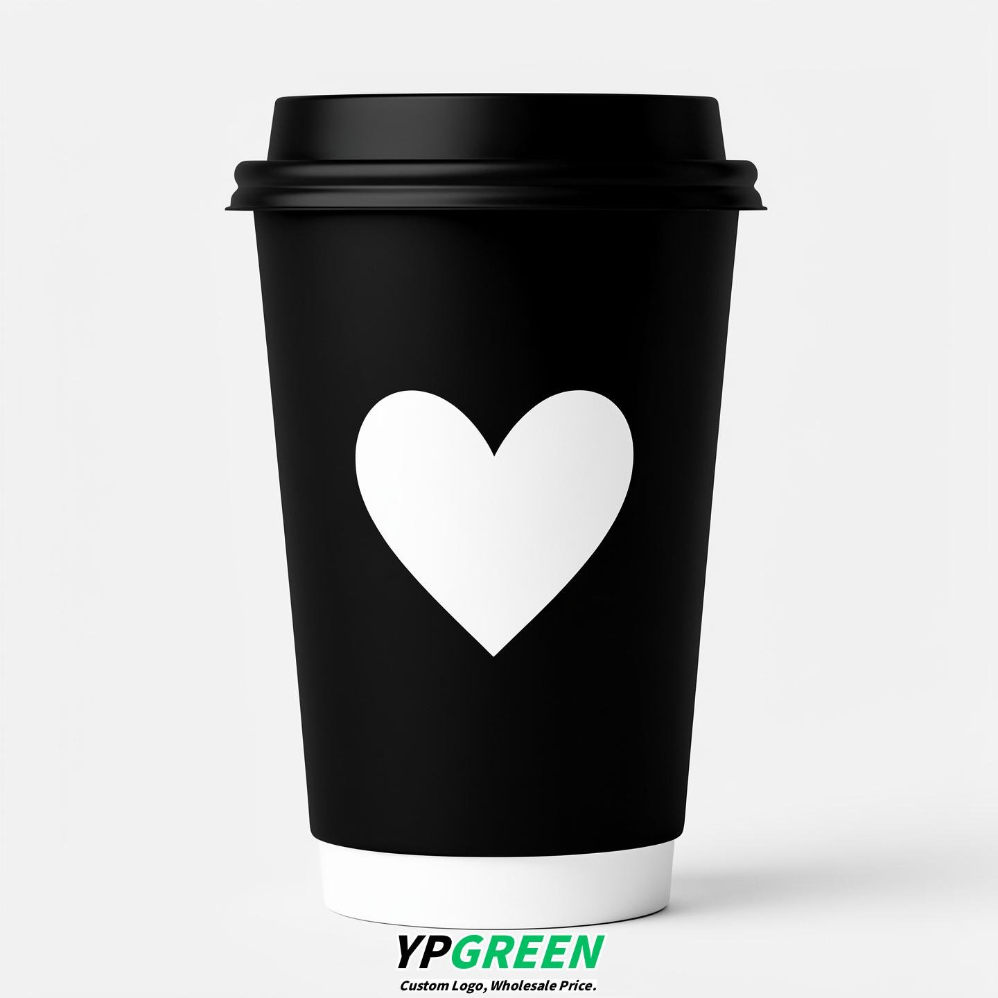 Jet Black Heart Paper Cups with Lids 8-24oz