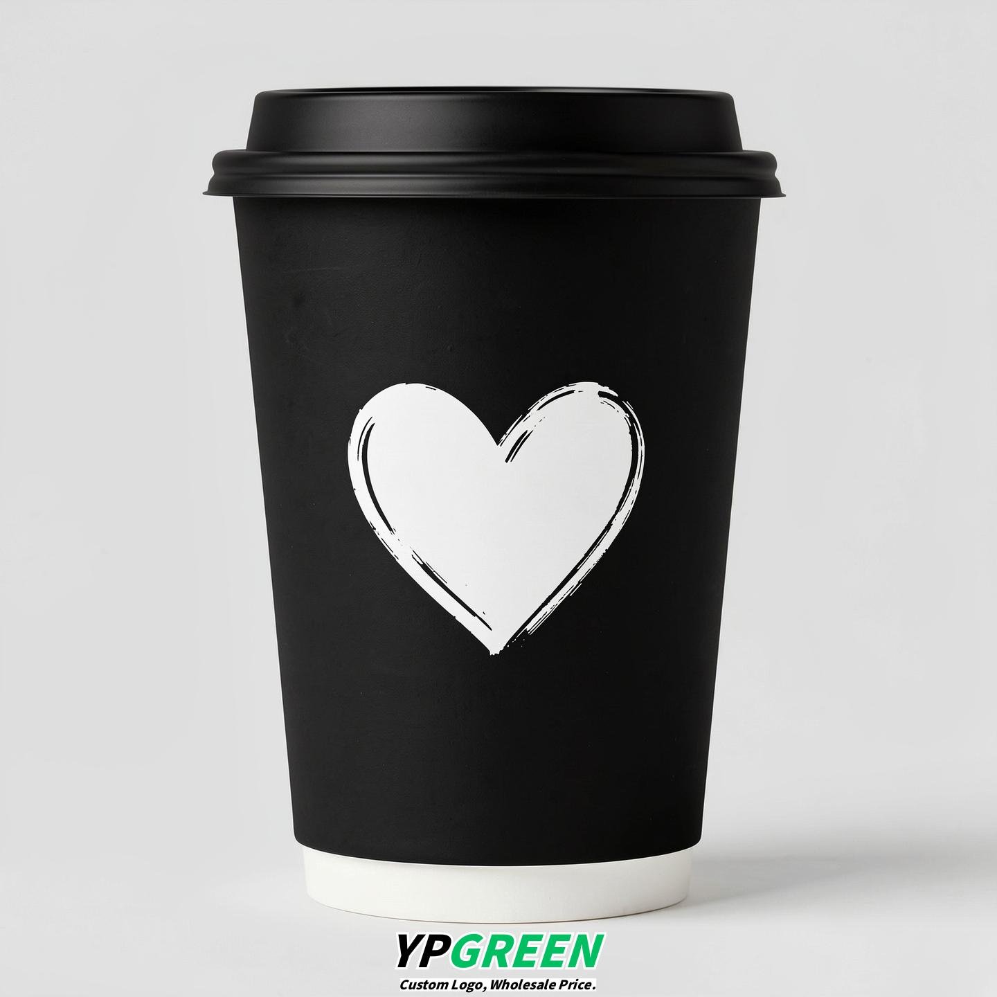 Jet Black Heart Paper Cups with Lids 8-24oz