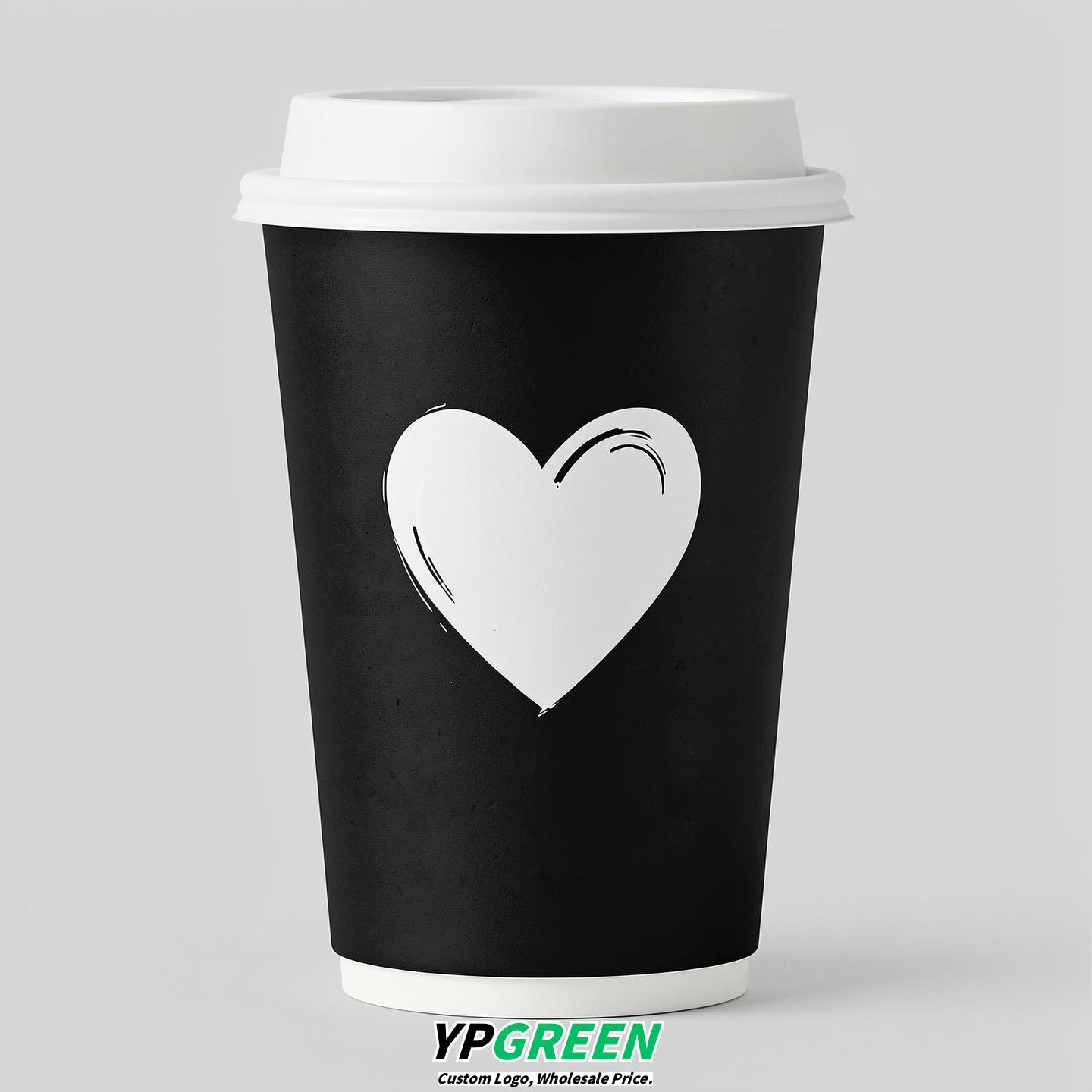 Jet Black Heart Paper Cups with Lids 8-24oz