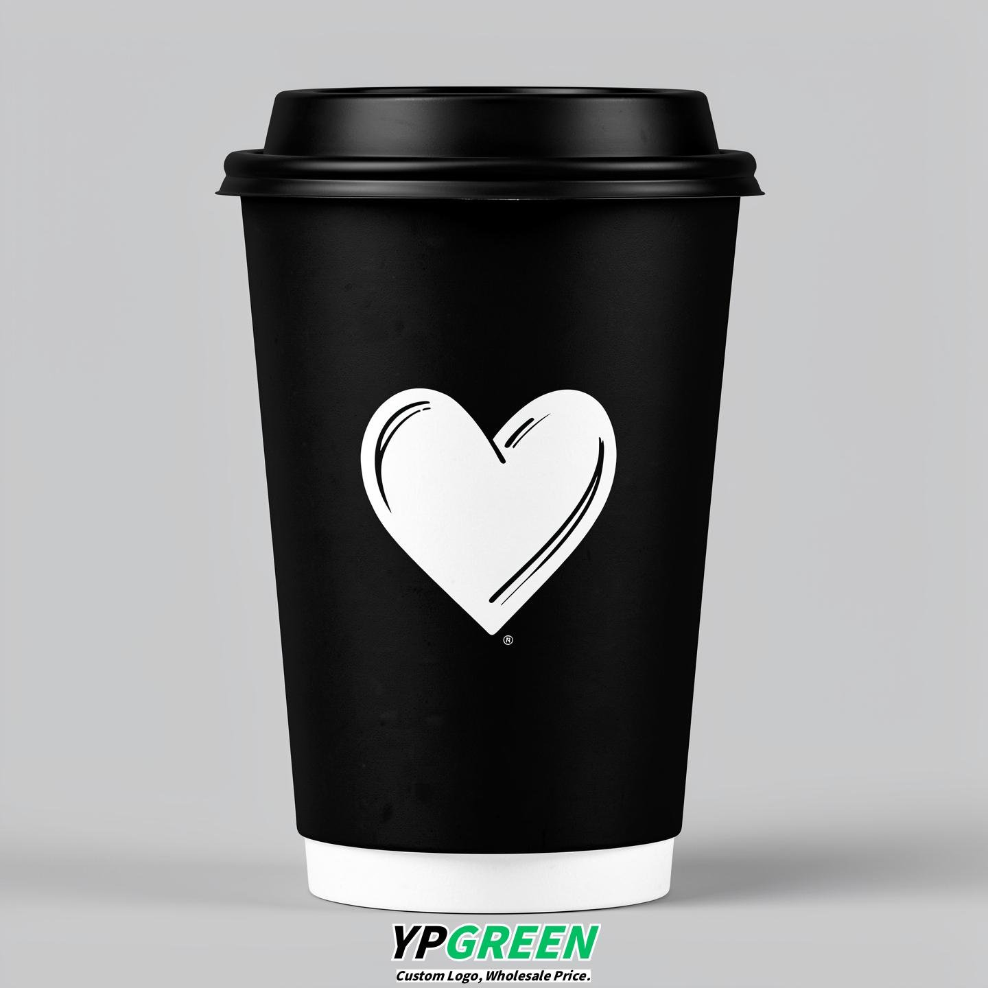 Jet Black Heart Paper Cups with Lids 8-24oz