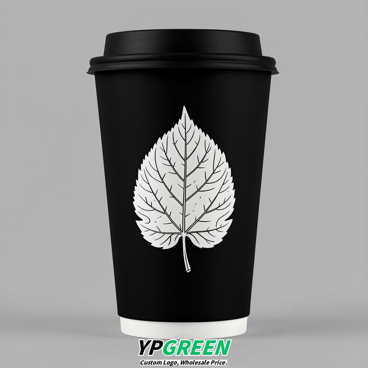 Jet Black Leaves Paper Cups with Lids 8-24oz