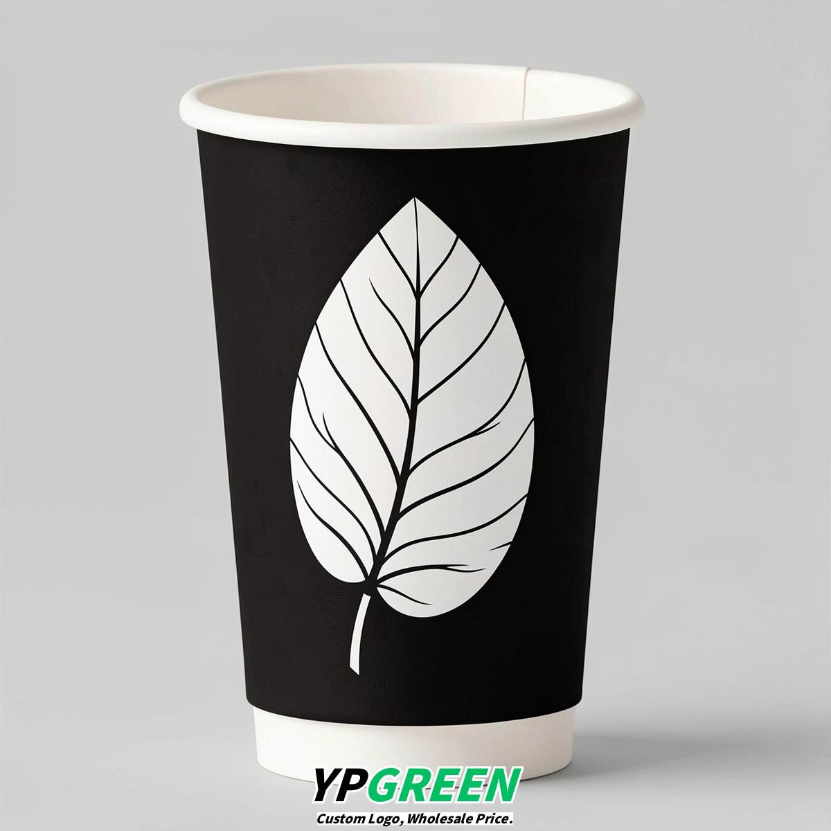 Jet Black Leaves Paper Cups with Lids 8-24oz