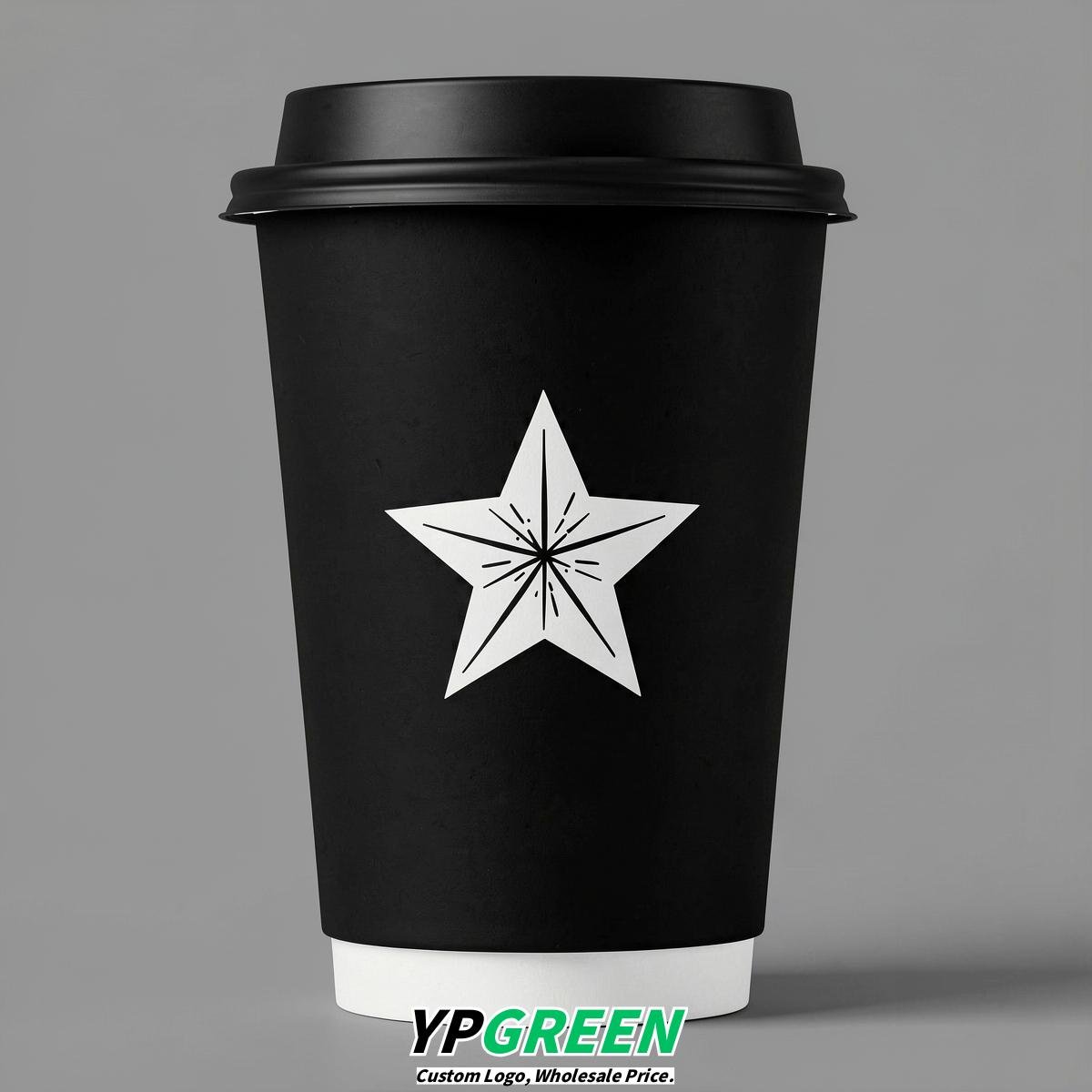 Jet Black Stars Paper Cups with Lids 8-24oz