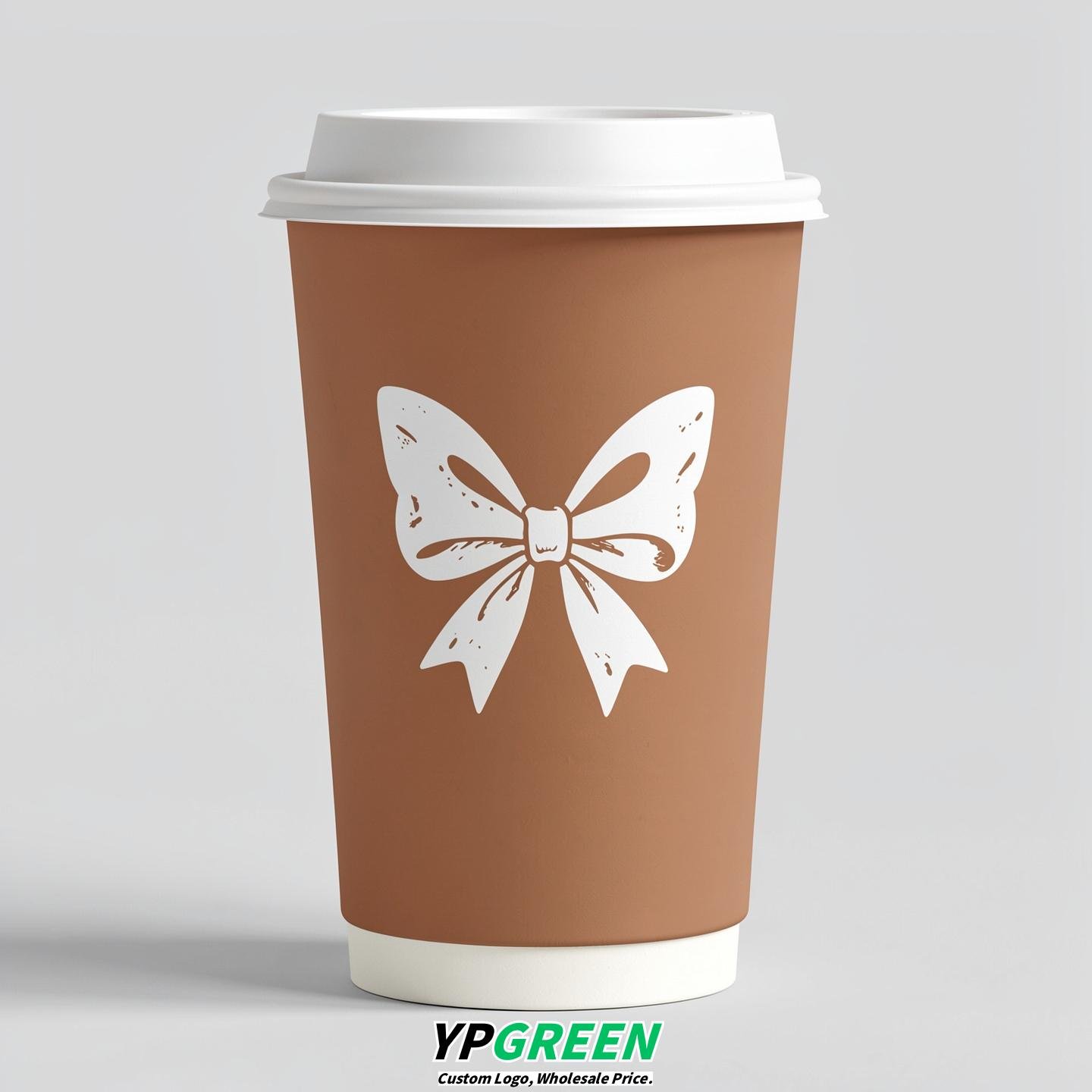 Latte Paper Cups with Bow Logo & Lids 8-24oz