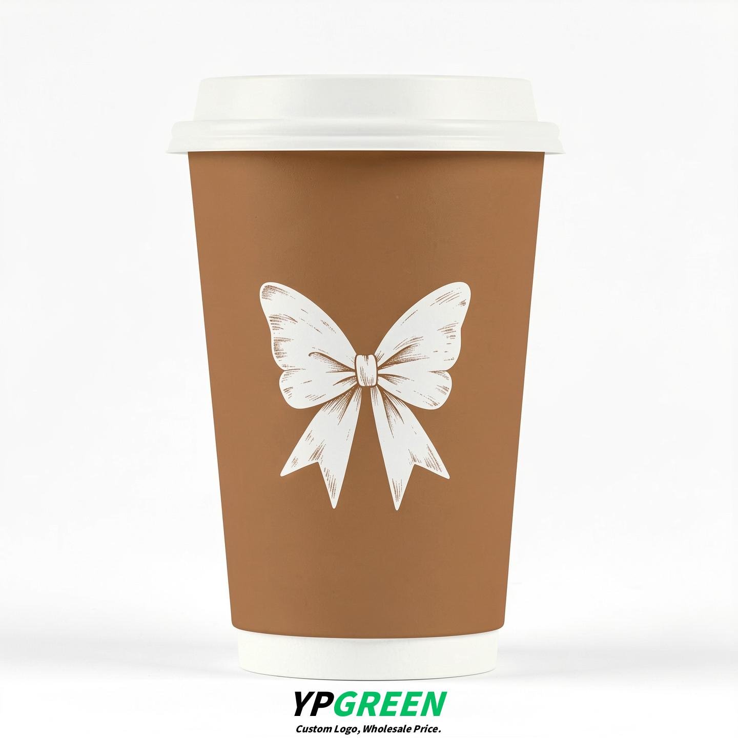 Latte Paper Cups with Bow Logo & Lids 8-24oz
