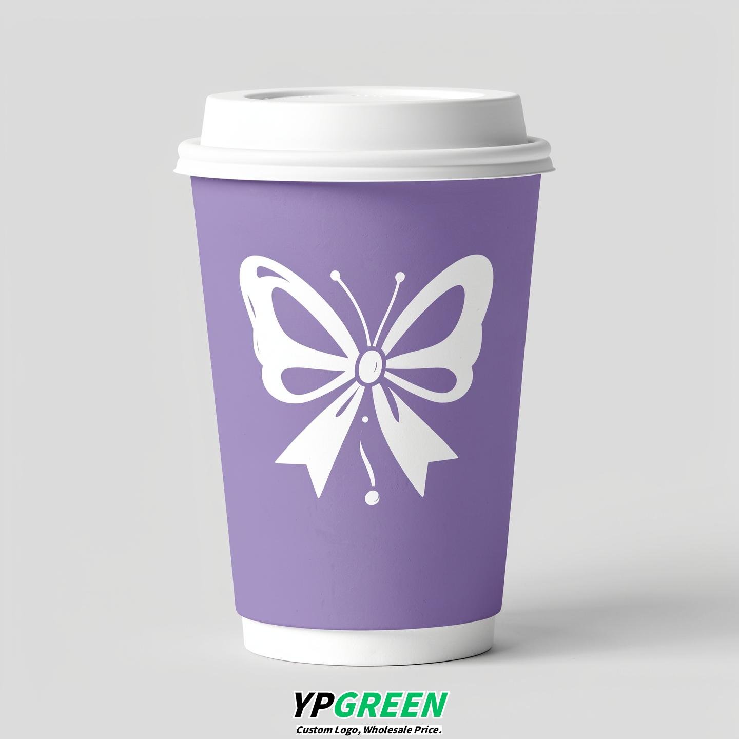 Lavender Paper Cups with Bow Logo & Lids 8-24oz