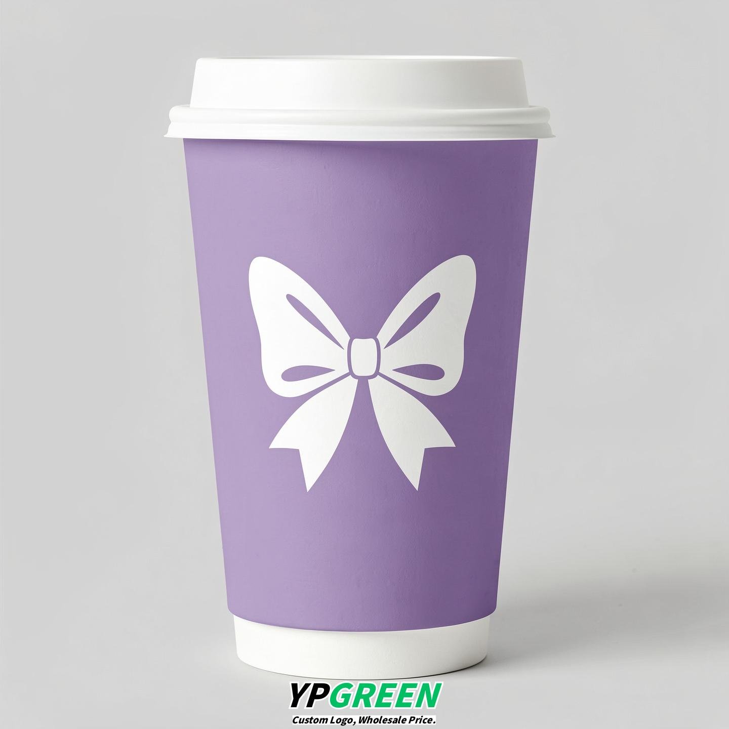 Lavender Paper Cups with Bow Logo & Lids 8-24oz