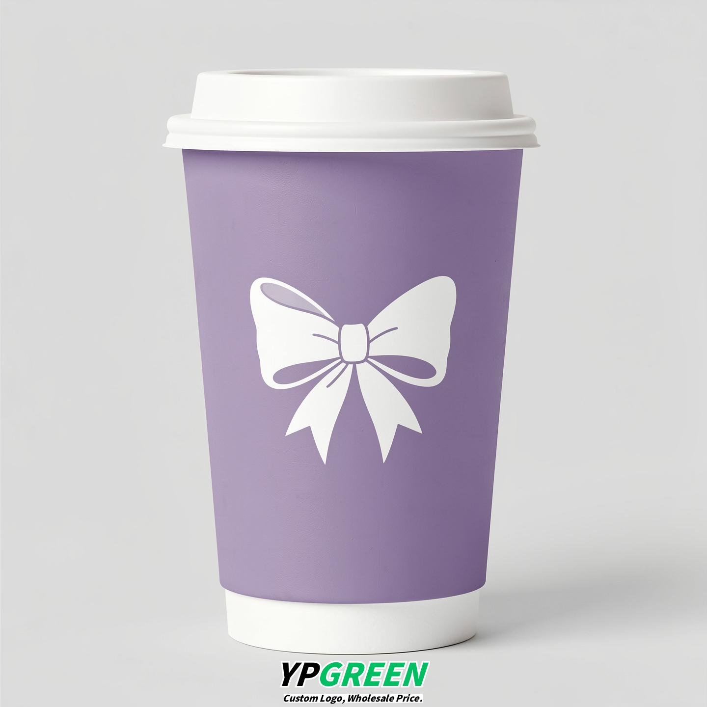 Lavender Paper Cups with Bow Logo & Lids 8-24oz