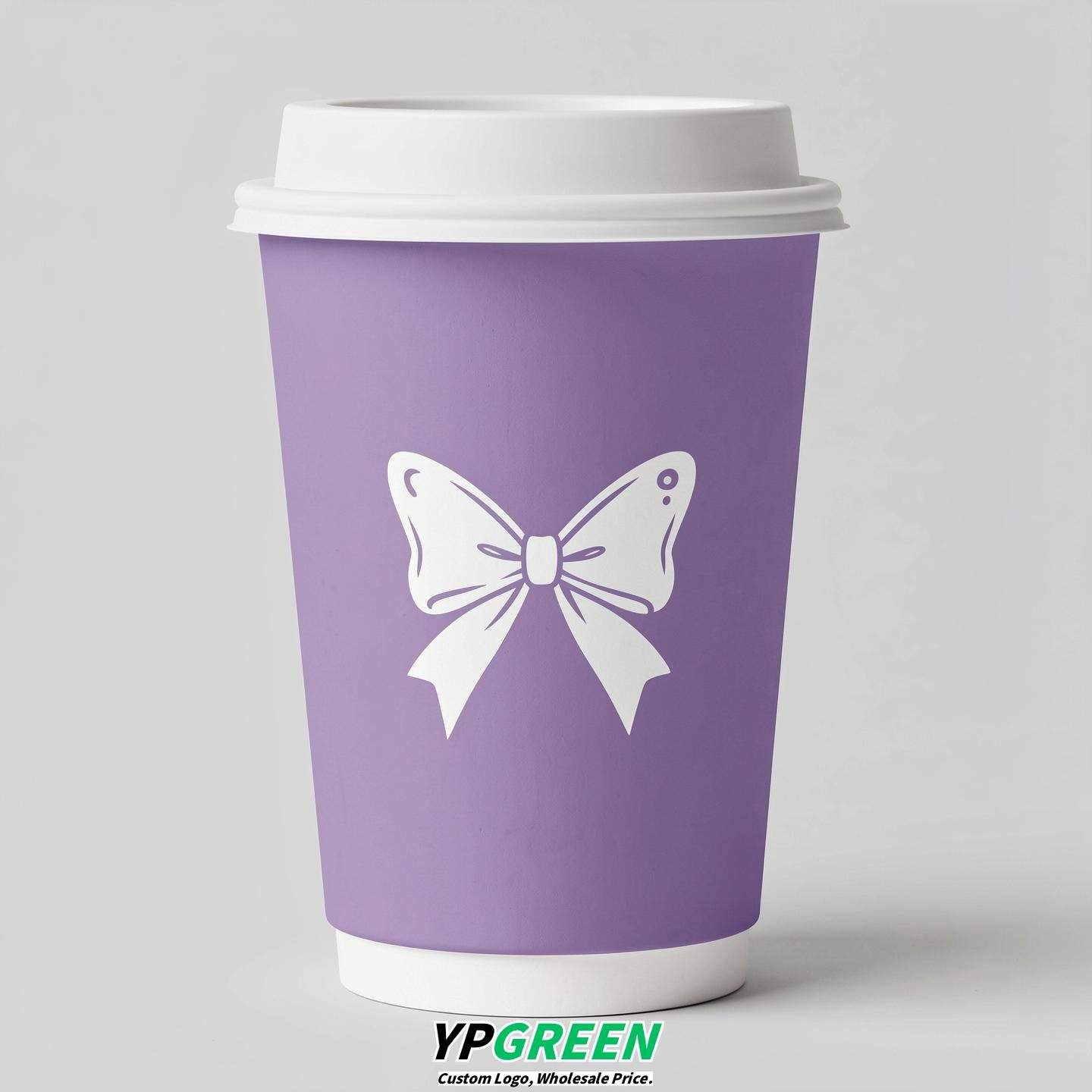Lavender Paper Cups with Bow Logo & Lids 8-24oz