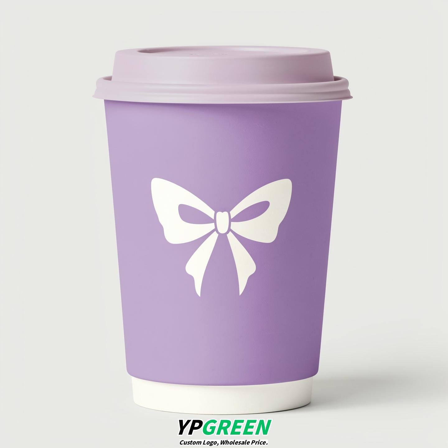 Lavender Paper Cups with Bow Logo & Lids 8-24oz