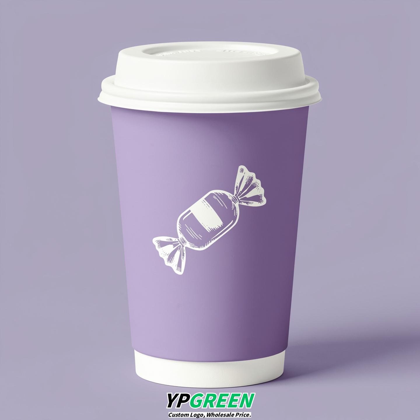 Lavender Paper Cups with Candy Logo & Lids 8-24oz