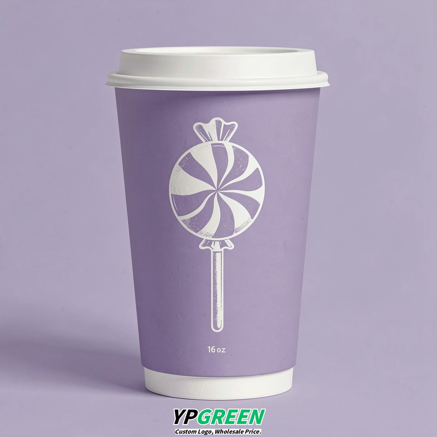 Lavender Paper Cups with Candy Logo & Lids 8-24oz