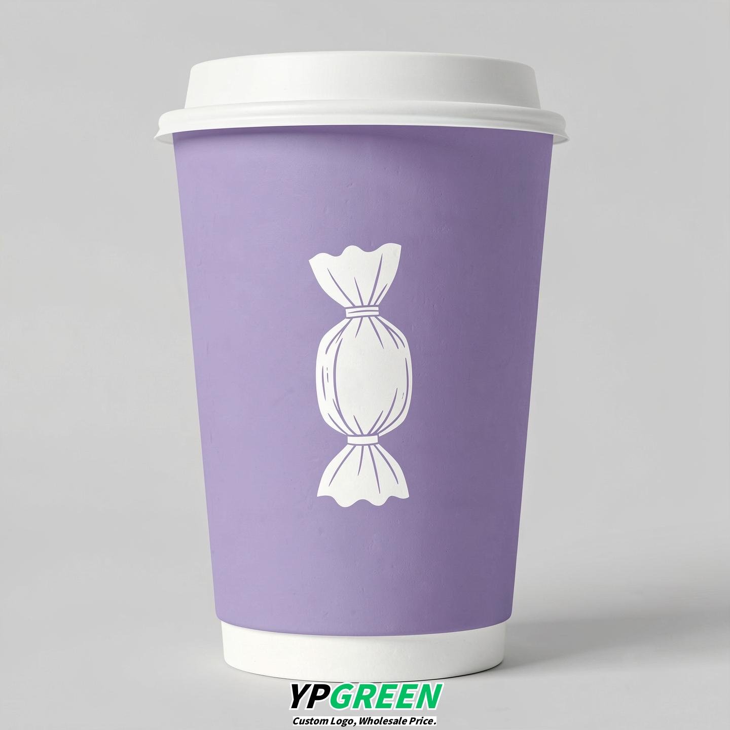 Lavender Paper Cups with Candy Logo & Lids 8-24oz