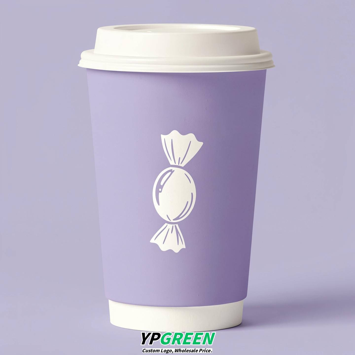Lavender Paper Cups with Candy Logo & Lids 8-24oz