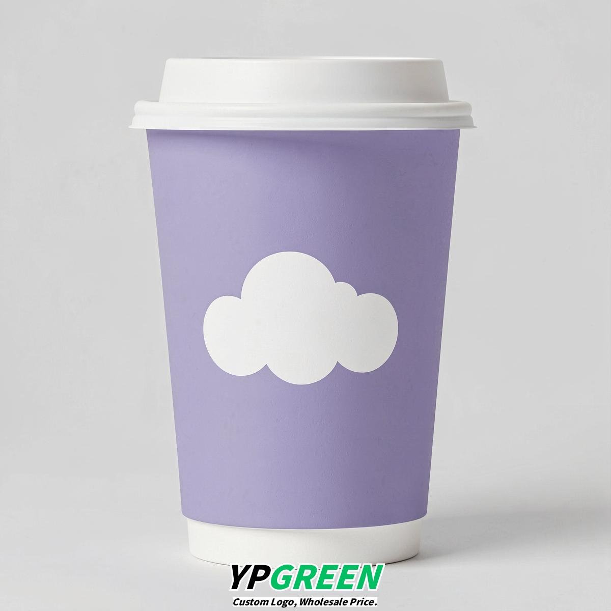 Lavender Paper Cups with Clouds Logo & Lids 8-24oz