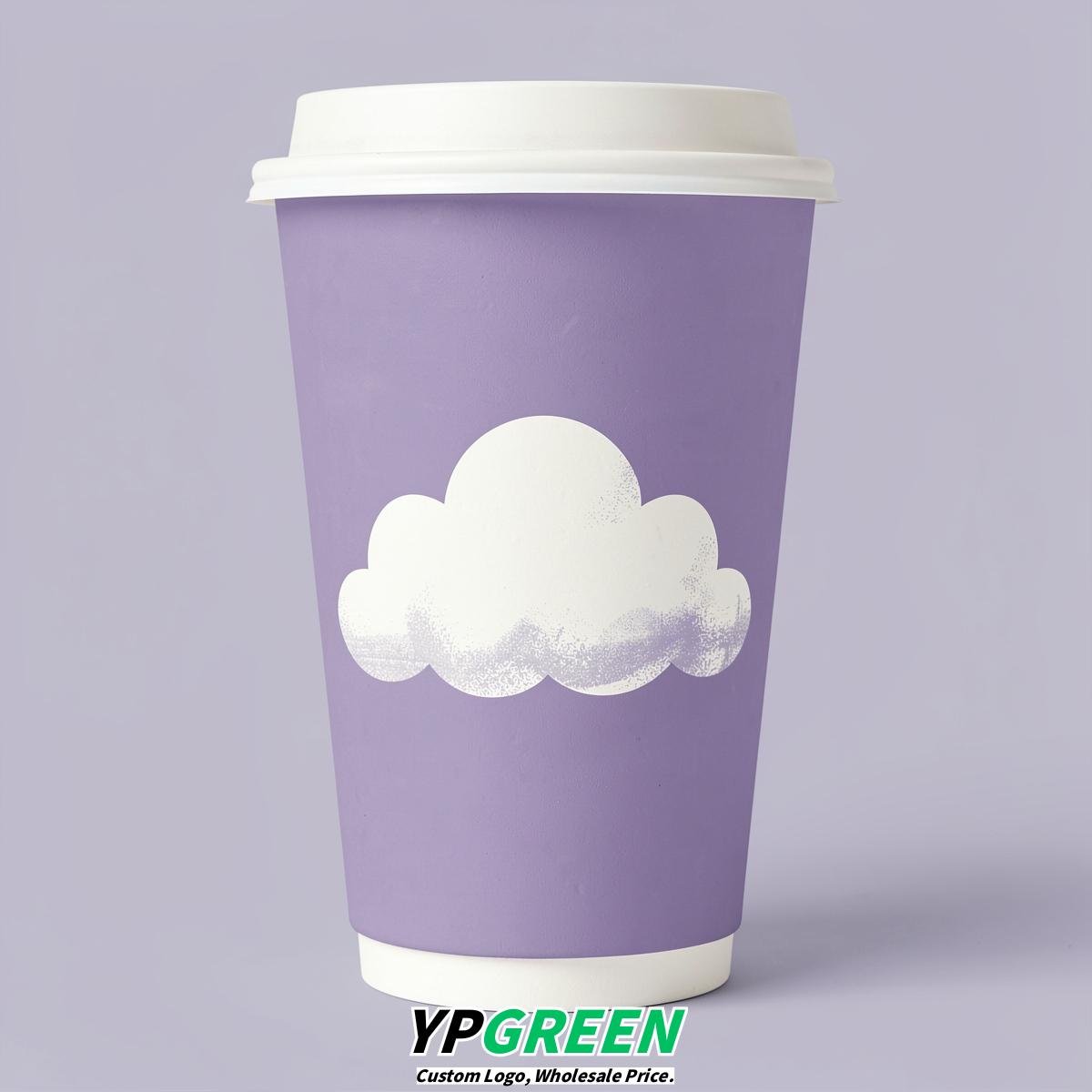 Lavender Paper Cups with Clouds Logo & Lids 8-24oz