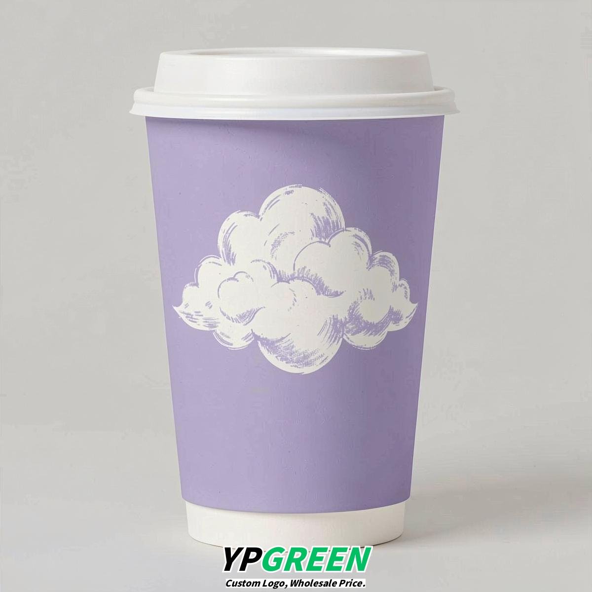 Lavender Paper Cups with Clouds Logo & Lids 8-24oz