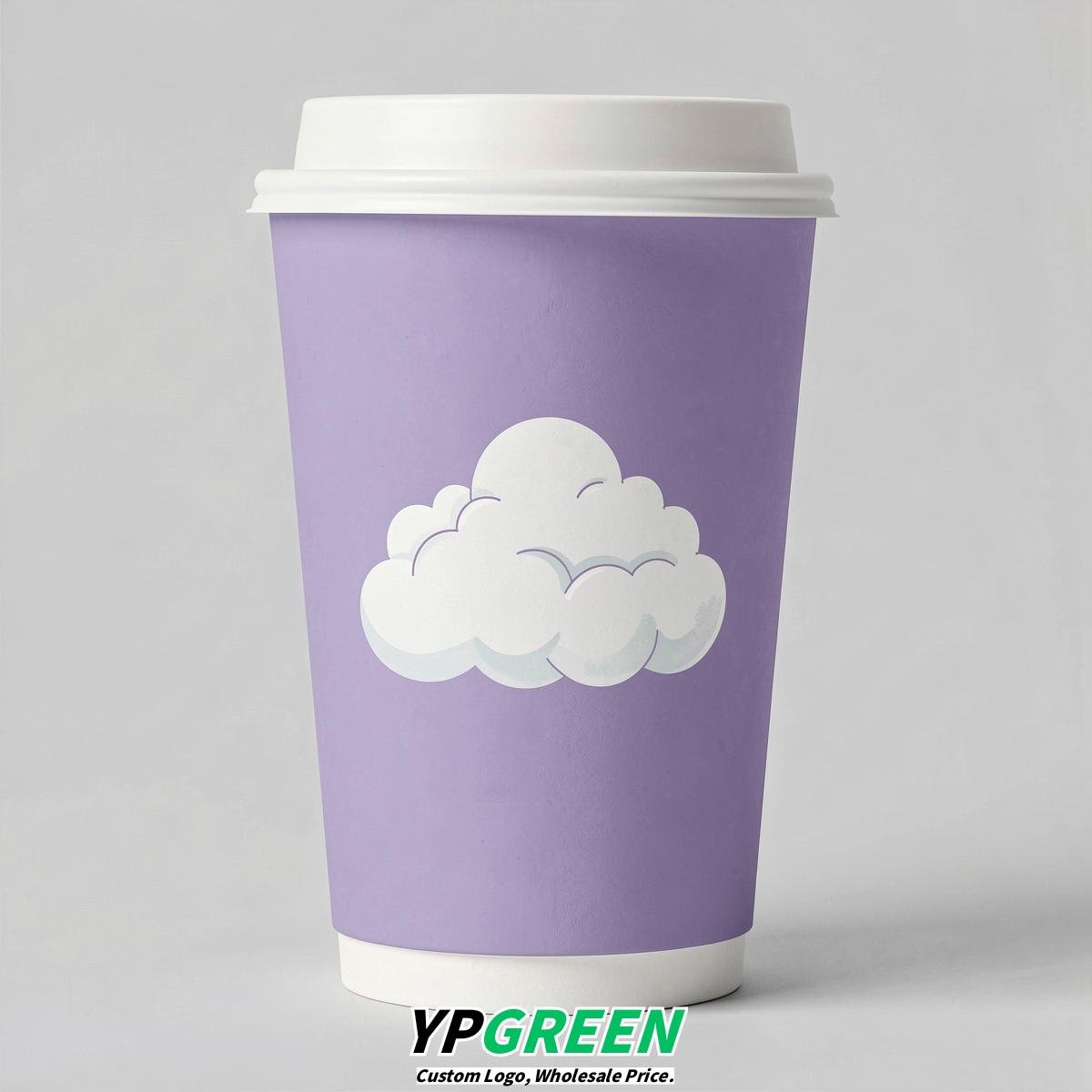 Lavender Paper Cups with Clouds Logo & Lids 8-24oz