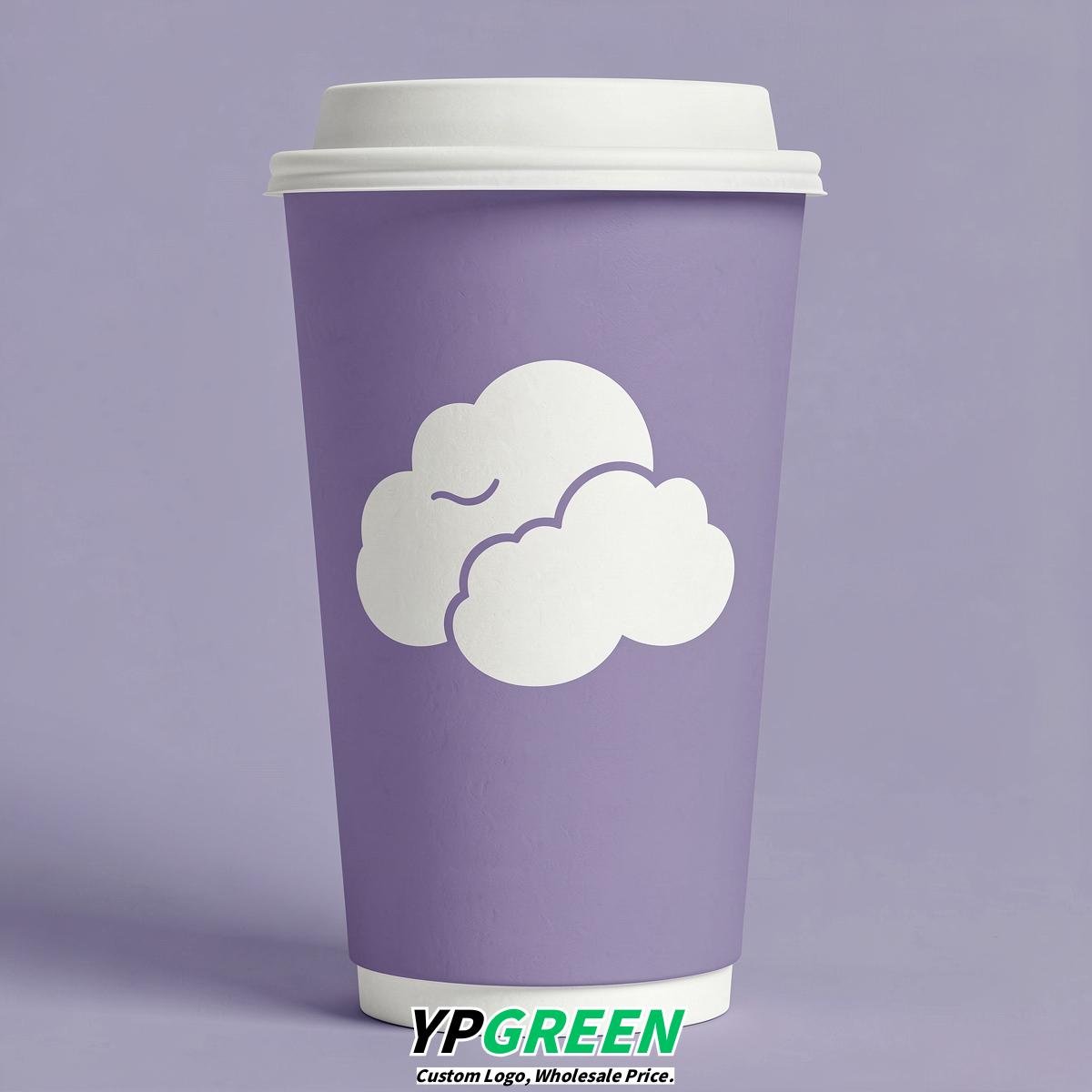 Lavender Paper Cups with Clouds Logo & Lids 8-24oz