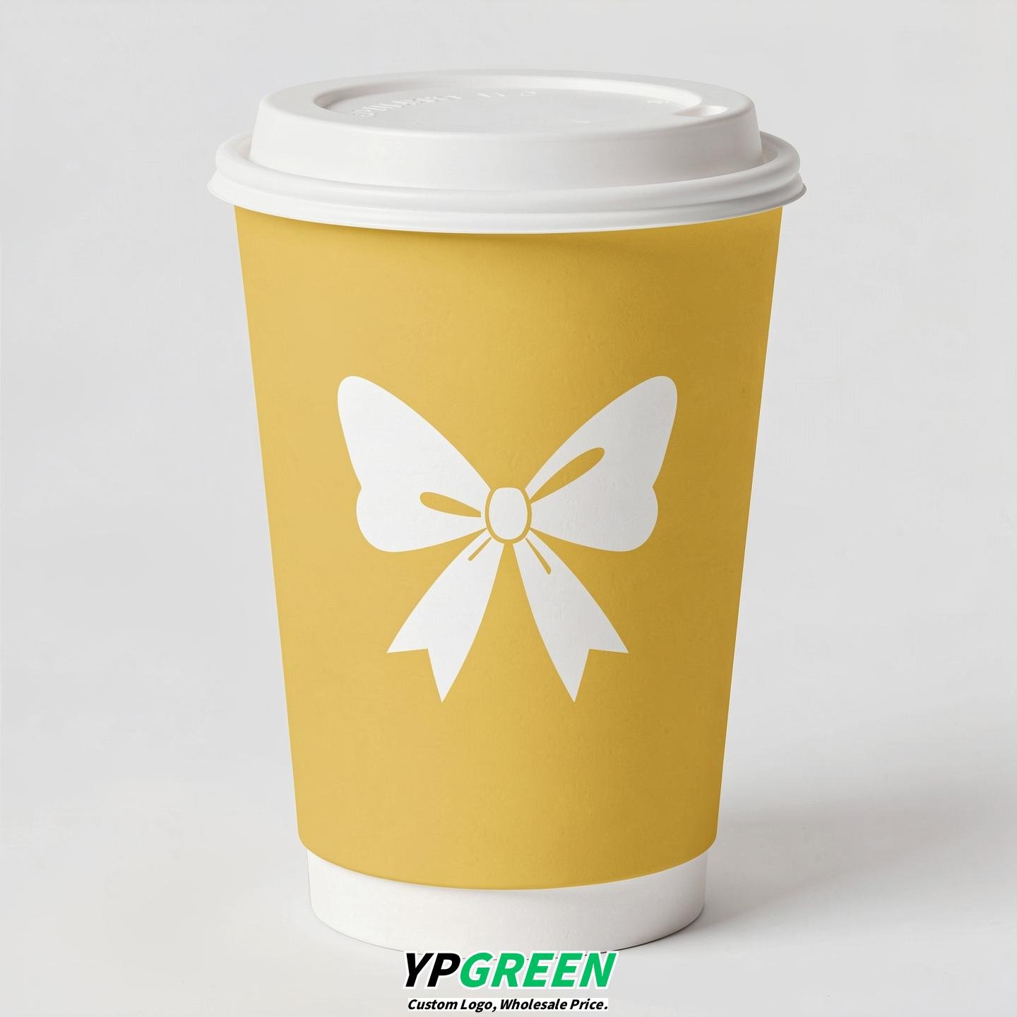 Lemon Yellow Paper Cups with Bow Logo & Lids 8-24oz