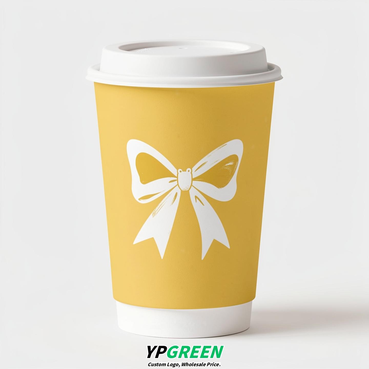Lemon Yellow Paper Cups with Bow Logo & Lids 8-24oz
