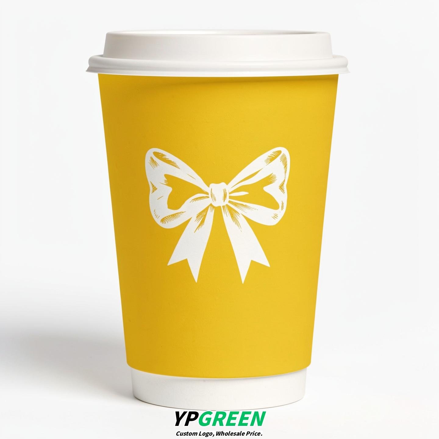 Lemon Yellow Paper Cups with Bow Logo & Lids 8-24oz