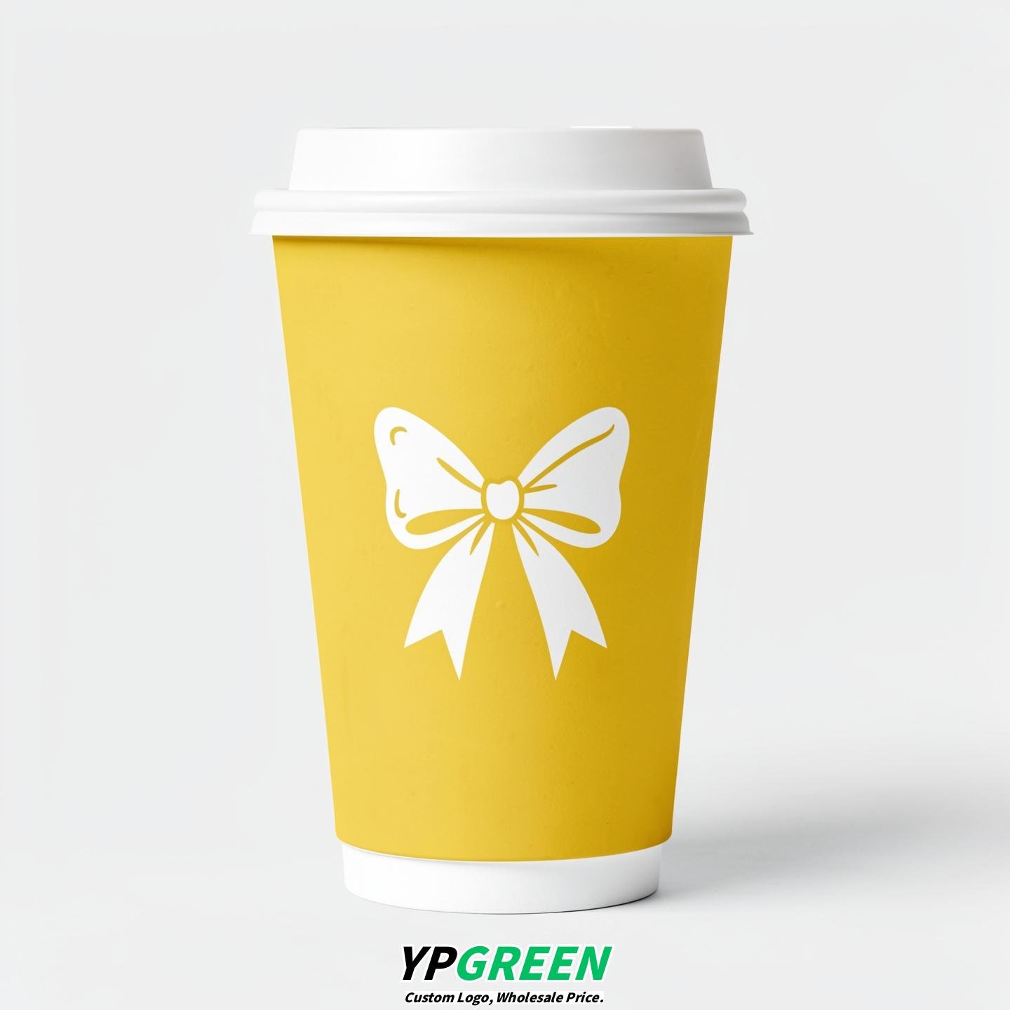 Lemon Yellow Paper Cups with Bow Logo & Lids 8-24oz