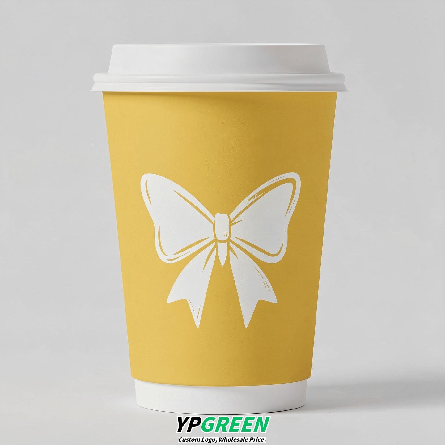 Lemon Yellow Paper Cups with Bow Logo & Lids 8-24oz Lemon Yellow Paper Cups with Bow Logo & Lids 8-24oz