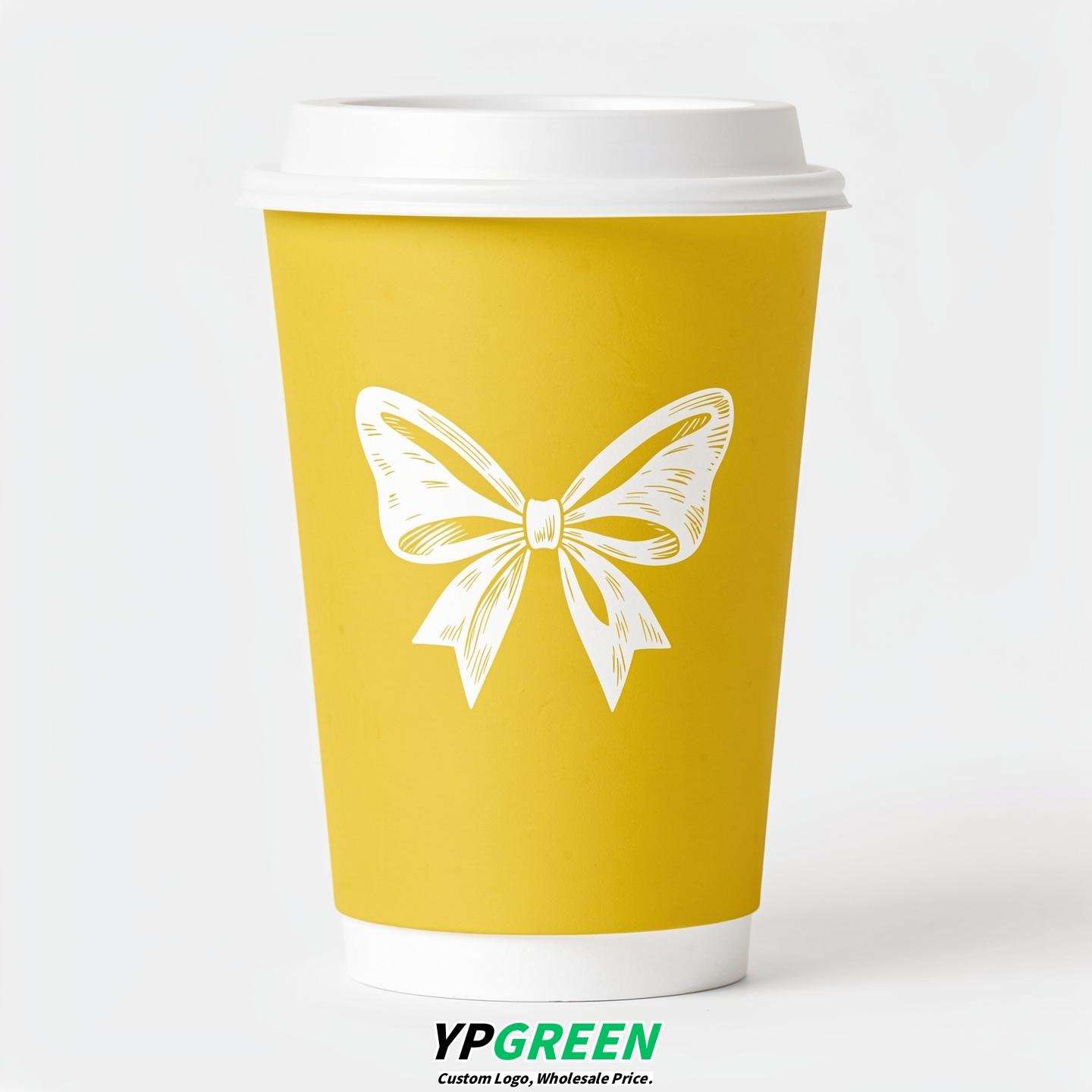 Lemon Yellow Paper Cups with Bow Logo & Lids 8-24oz
