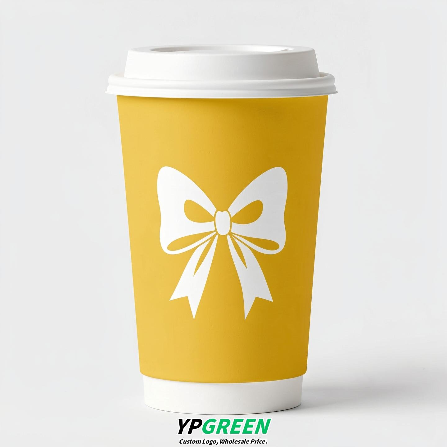 Lemon Yellow Paper Cups with Bow Logo & Lids 8-24oz