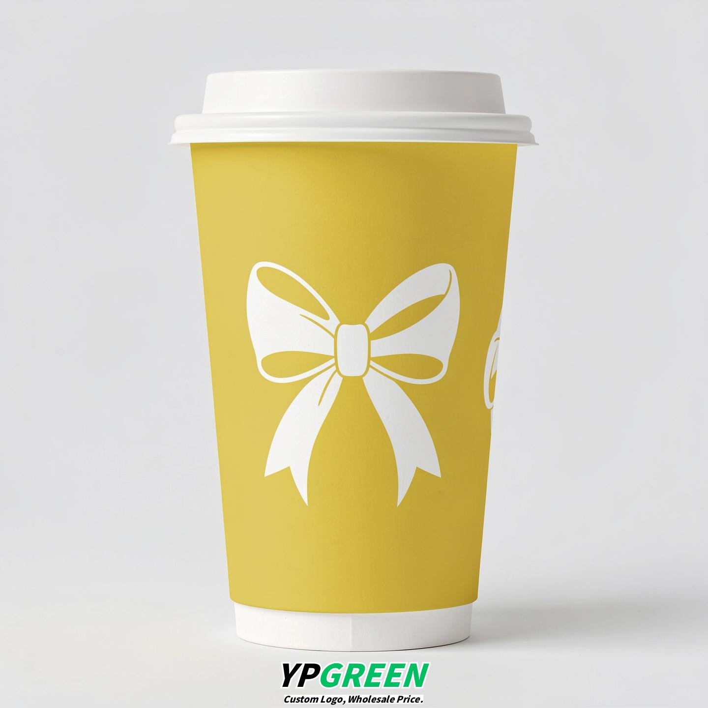 Lemon Yellow Paper Cups with Bow Logo & Lids 8-24oz
