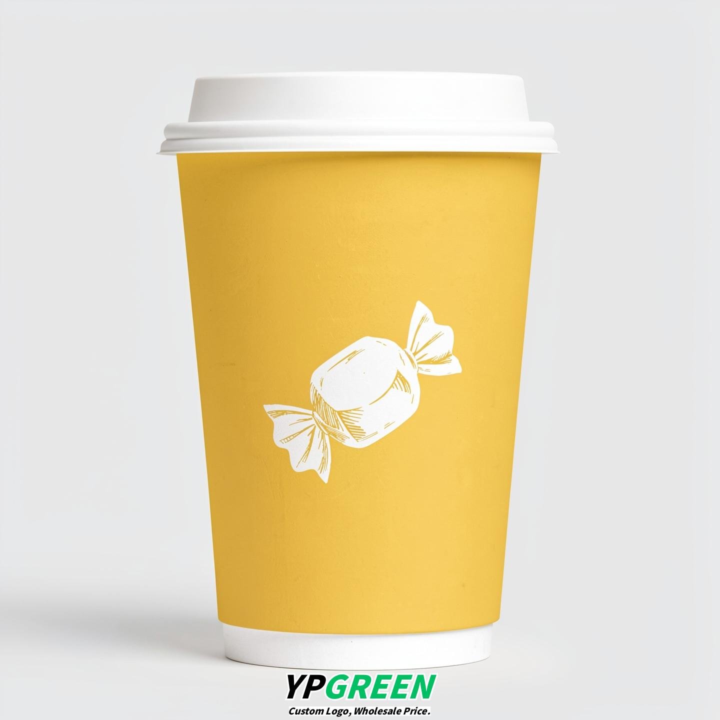 Lemon Yellow Paper Cups with Candy Logo & Lids 8-24oz