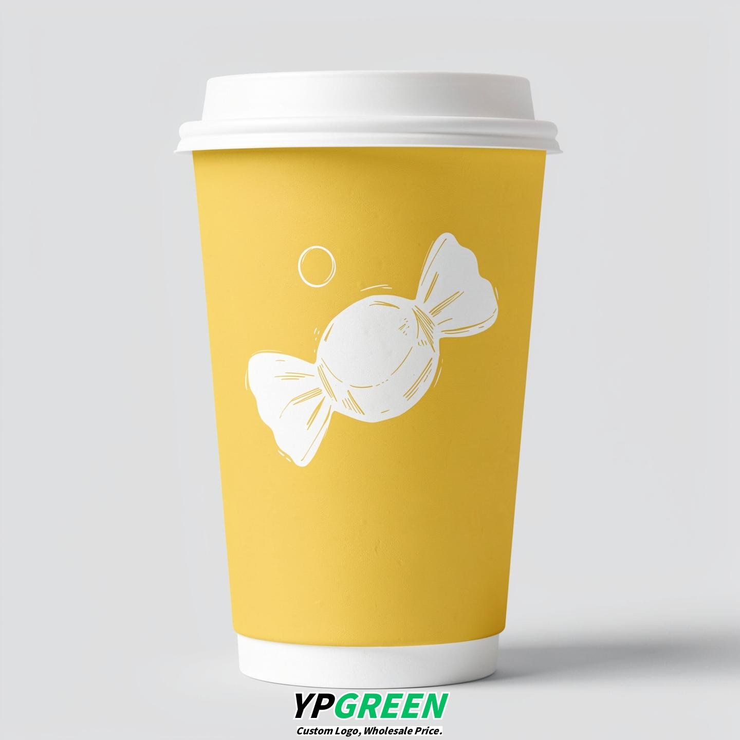 Lemon Yellow Paper Cups with Candy Logo & Lids 8-24oz
